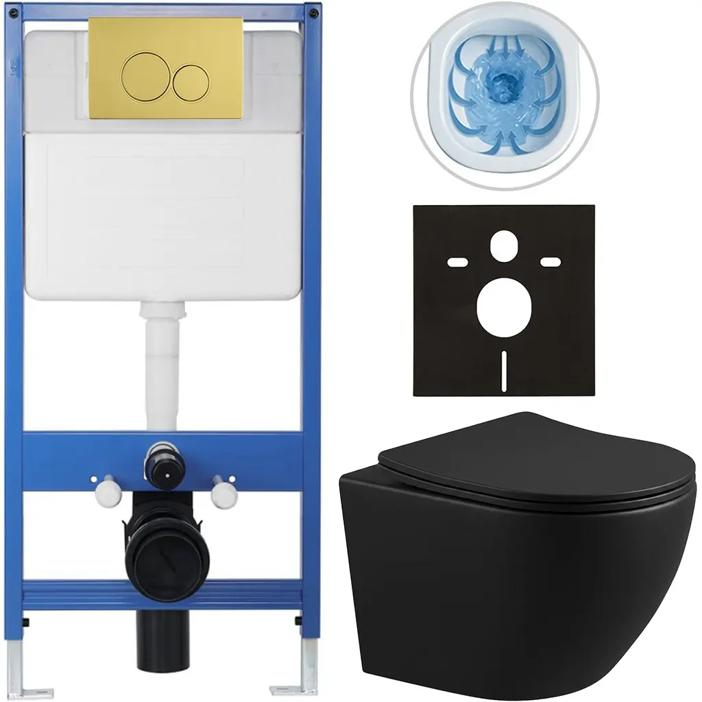 Kompletní WC set Profi/Cesso - černá matná - WC tlačítko Duo/Zlatá - předstěnová instalace - 49x36 cm