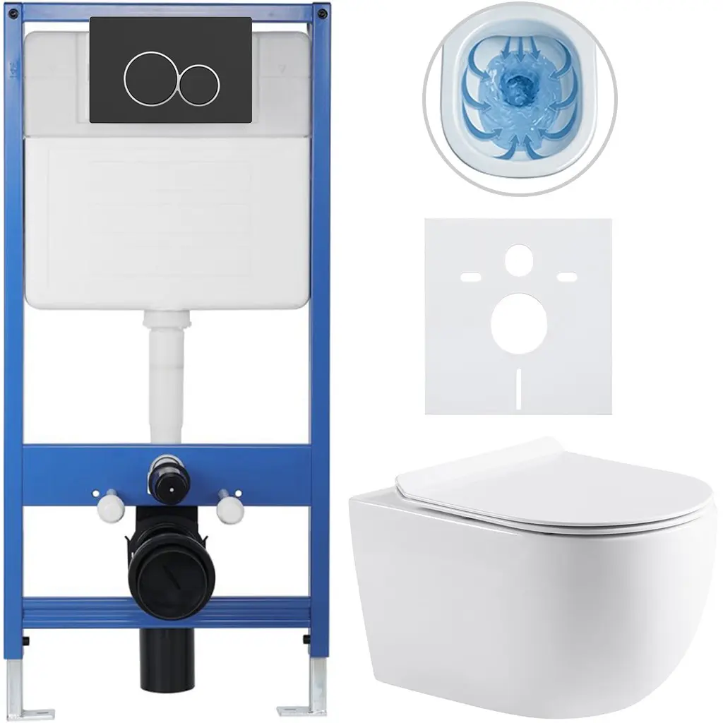 CERANO Kompletní WC set Profi/Felci bílá lesklá WC tlačítko Duo/Černá matná předstěnová instalace 52,5x36 CER-8050BD84317