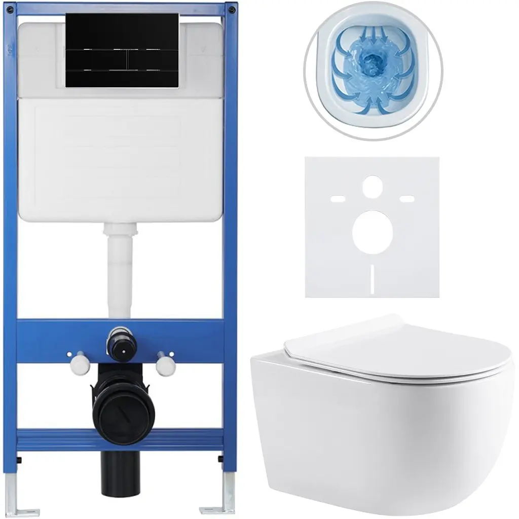 CERANO Kompletní WC set Profi/Felci bílá lesklá WC tlačítko Line/Černá lesklá předstěnová instalace 52,5x36 CER-8050BD84325
