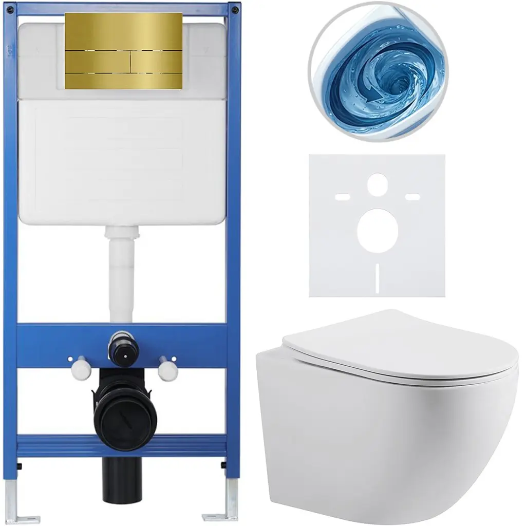 Kompletní WC set Profi/Cesso - bílá matná - WC tlačítko Line. zlatá - předstěnová instalace - 49x36 cm