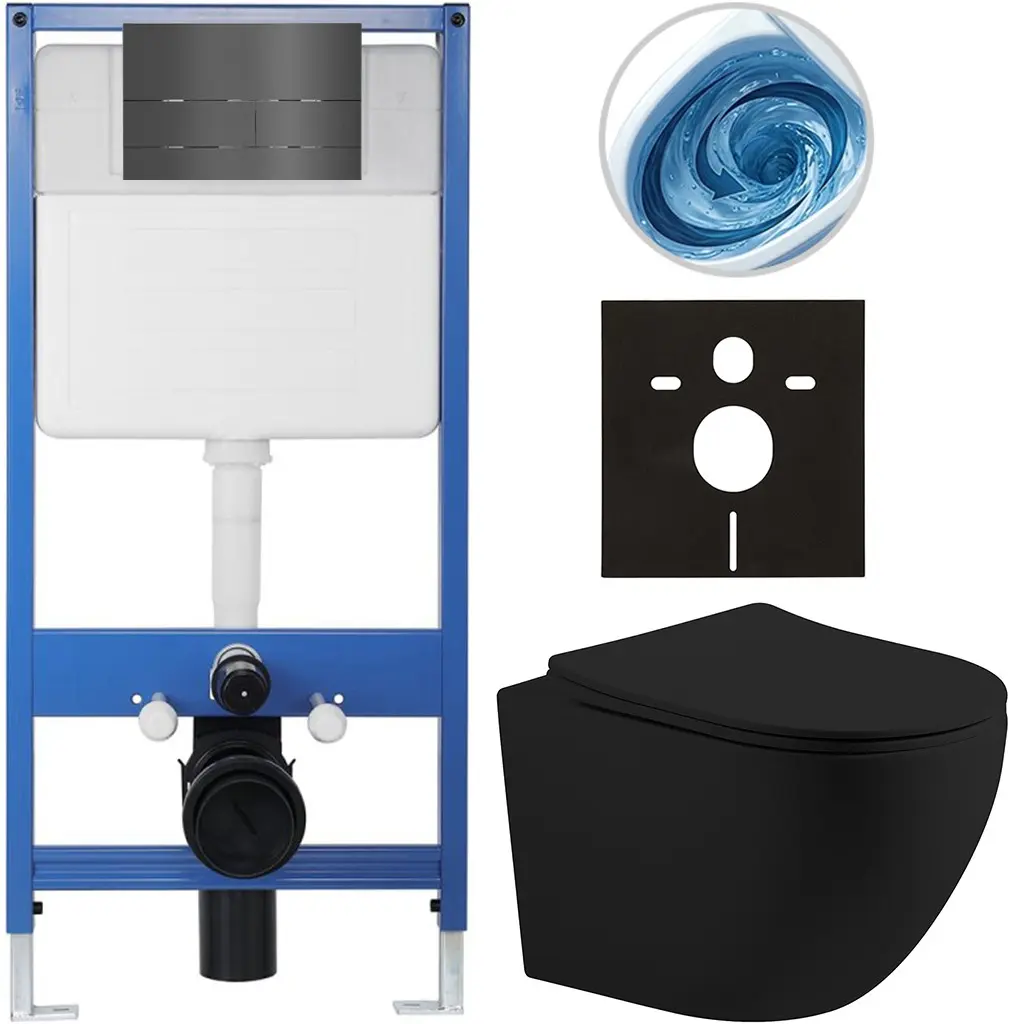 Kompletní WC set Profi/Cesso - černá matná - WC tlačítko Line/Tmavě šedá - předstěnová instalace - 49x36 cm - 8050BD84385
