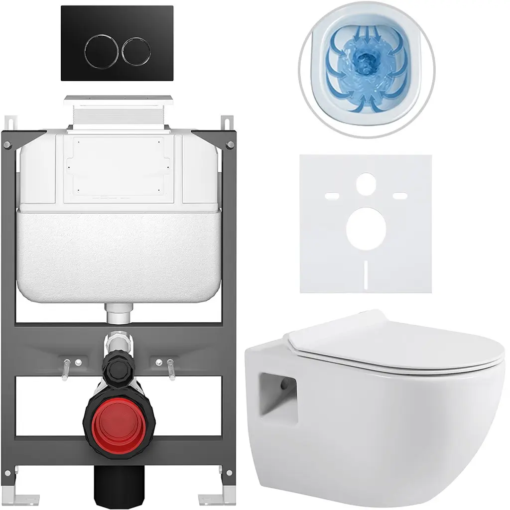CERANO Kompletní WC set Basic/Dure bílá lesklá WC tlačítko Dualo/Černá ovládání shora předstěnová instalace 51x35 CER-8050BD85883