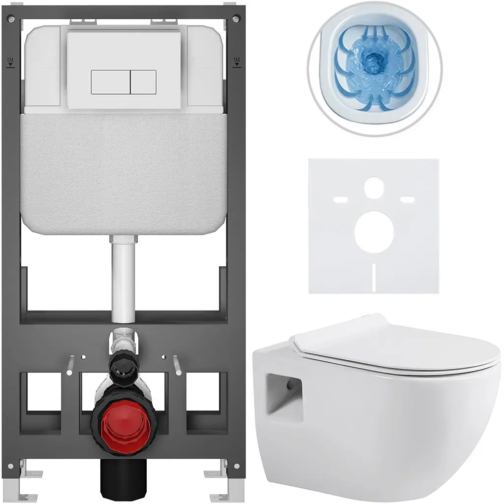 Kompletní WC set Basic/Dure - bílá lesklá - WC tlačítko Modulo/Bílá - volně stojící - předstěnová instalace - 51x35 cm