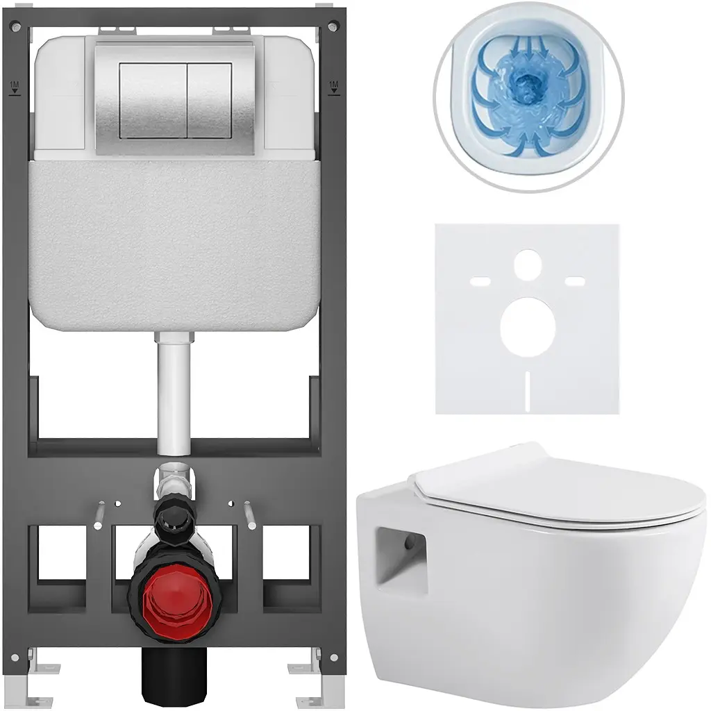 Kompletní WC set Basic/Dure - bílá lesklá - WC tlačítko Maxio/Stříbrná - volně stojící - předstěnová instalace - 51x35 cm