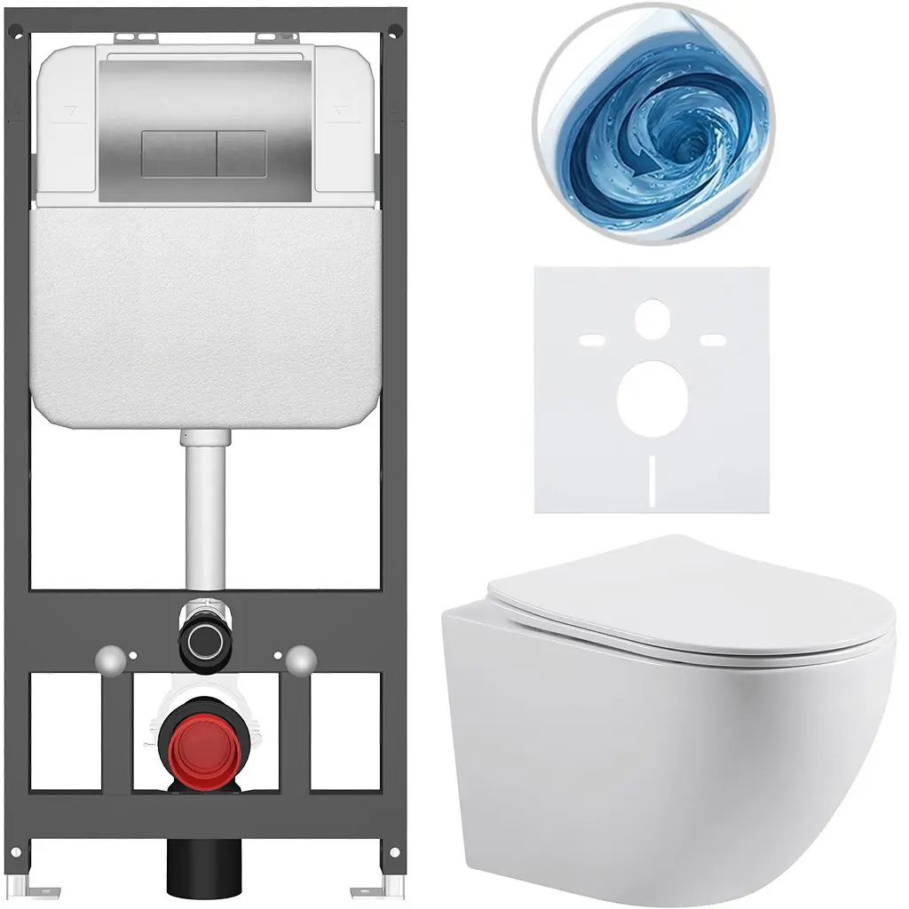 CERANO Kompletní WC set Basic/Cesso bílá lesklá WC tlačítko Modulo/Stříbrná závěsné předstěnová instalace 49x36 CER-8050BD86013