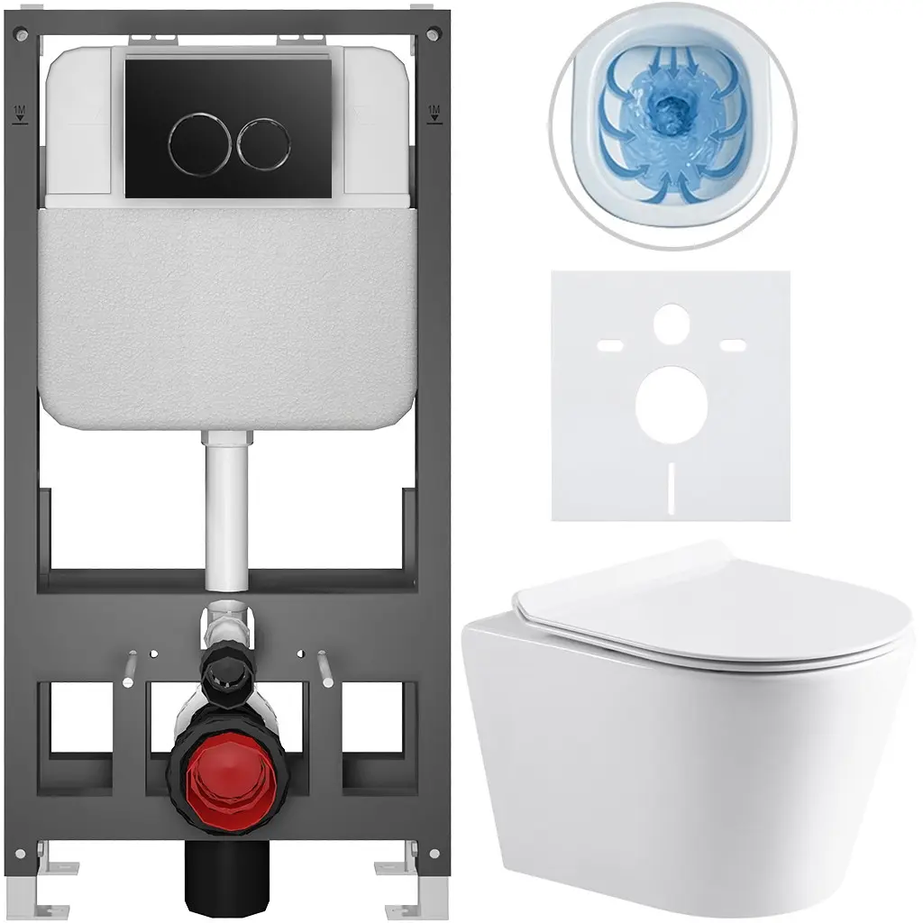 CERANO Kompletní WC set Basic/Carlito bílá lesklá WC tlačítko Dualo/Černá volně stojící předstěnová instalace 48,5x36,5 CER-8050BD86022