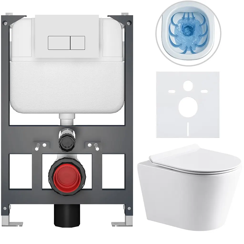 Kompletní WC set Basic/Carlito - bílá lesklá - WC tlačítko Modulo/Bílá - závěsné - nízký modul - předstěnová instalace - 48,5x36,5 cm