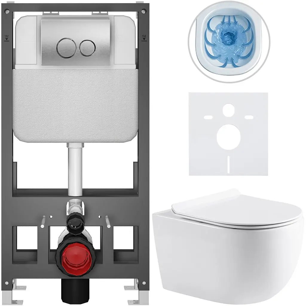 Kompletní WC set Basic/Felci - bílá lesklá - WC tlačítko Dualo/Stříbrná - volně stojící - předstěnová instalace - 53x37 cm
