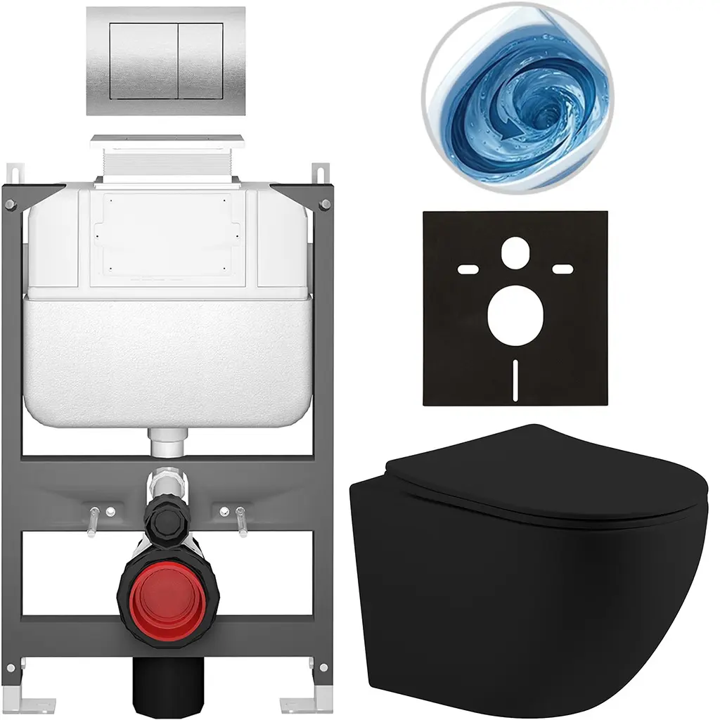 Kompletní WC set Basic/Cesso - černá matná - WC tlačítko Maxio/Stříbrná - ovládání shora - předstěnová instalace - 49x36 cm - 8050BD86220