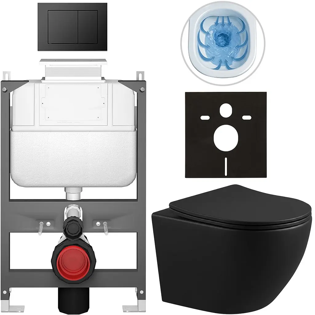 CERANO Kompletní WC set Basic/Cesso černá matná WC tlačítko Maxio/Černá ovládání shora předstěnová instalace 49x36 CER-8050BD86350