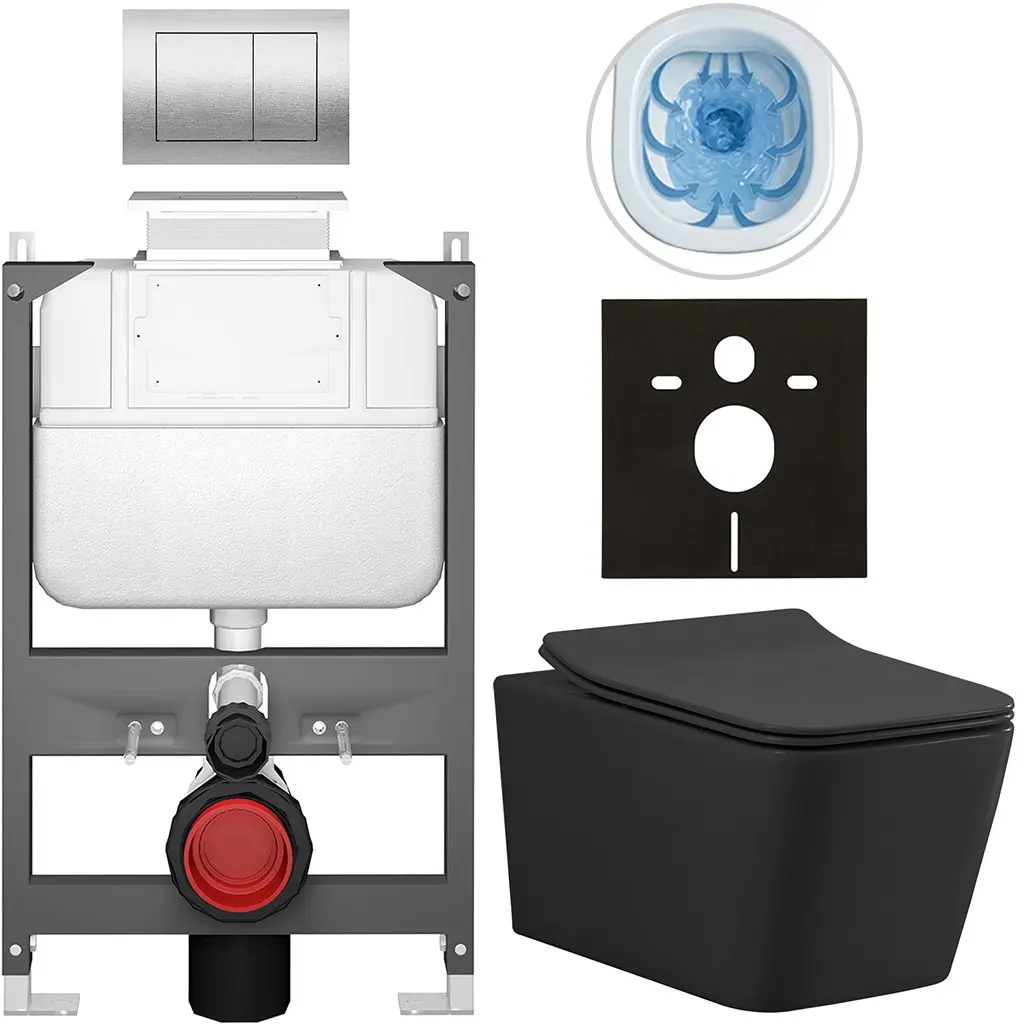CERANO Kompletní WC set Basic/Forte černá matná WC tlačítko Maxio/Stříbrná ovládání shora předstěnová instalace 51x36 CER-8050BD86400