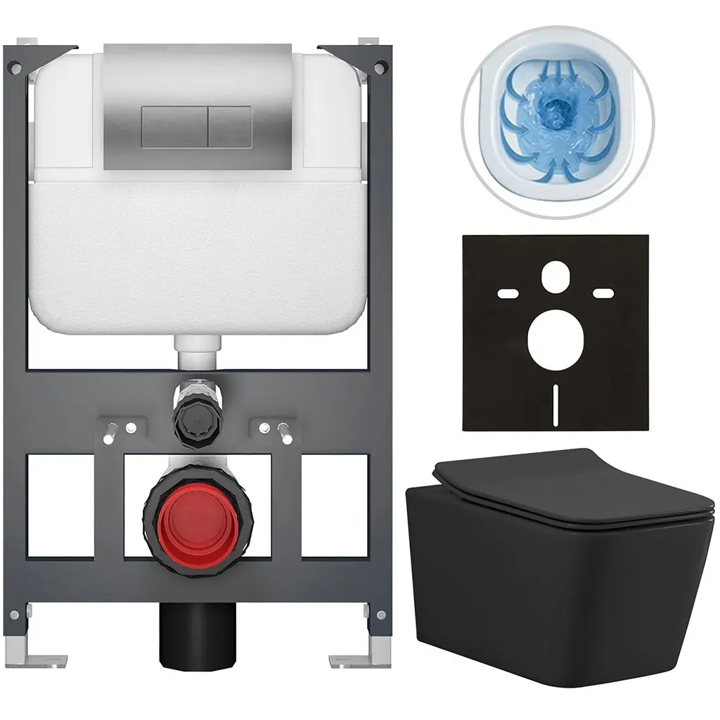 Kompletní WC set Basic/Forte - černá matná - WC tlačítko Modulo/Stříbrná - závěsné - nízký modul - předstěnová instalace - 51x36 cm