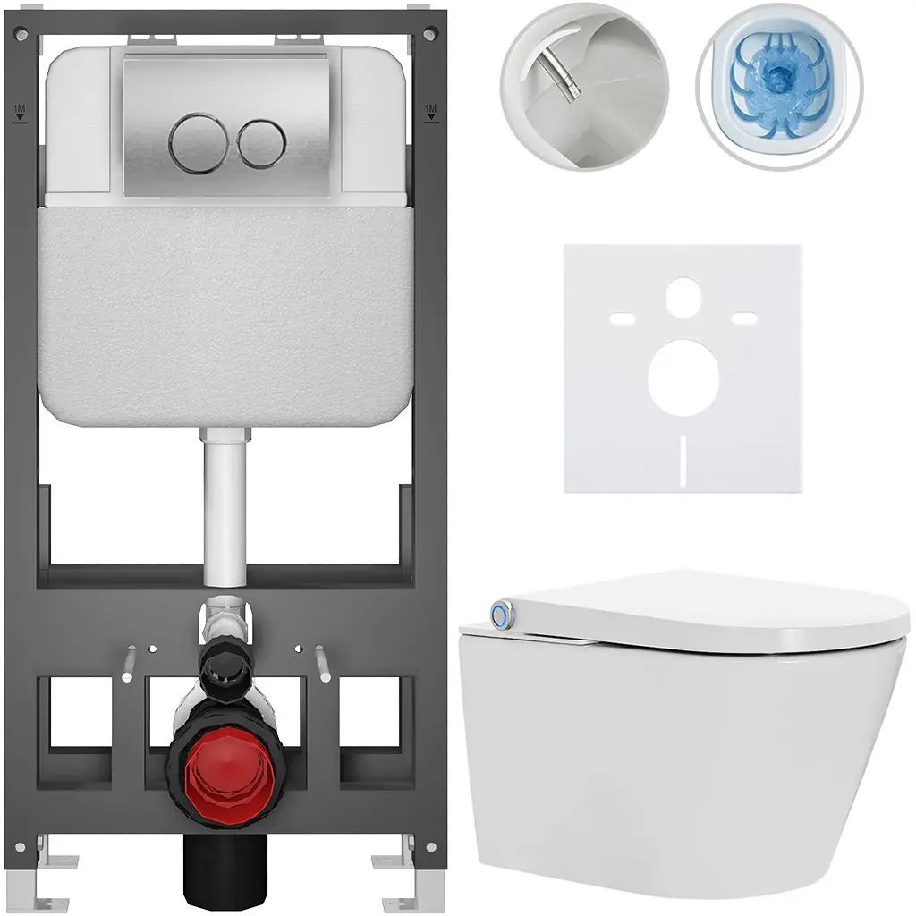 Závěsné WC s bidetem Basic/Cronus Standard - bílá lesklá - WC tlačítko Dualo/Stříbrná - volně stojící - předstěnová instalace - 59,3x38,4 cm