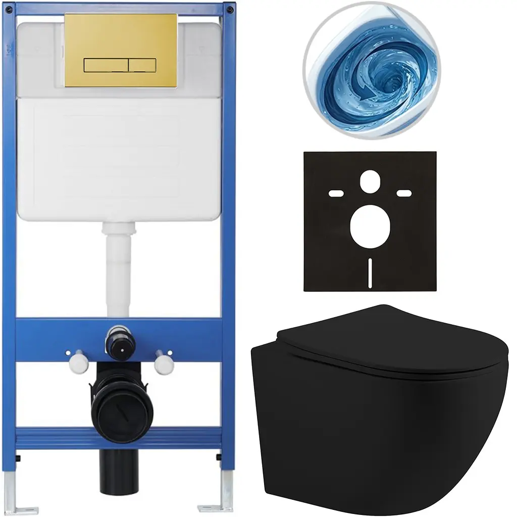 Kompletní WC set Profi/Cesso - černá matná - WC tlačítko Slim/Zlatá - předstěnová instalace - 49x36 cm - 942004