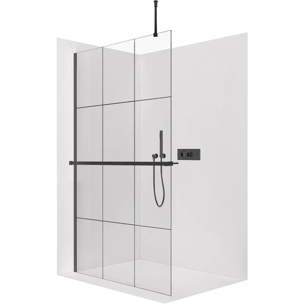 CERANO Sprchová zástěna Walk-in Onyx Top Round L/P 8 mm kulatá vzpěra + polička/držák na ručníky černá matná, industriální sklo 160x200 CER-8050BD1476