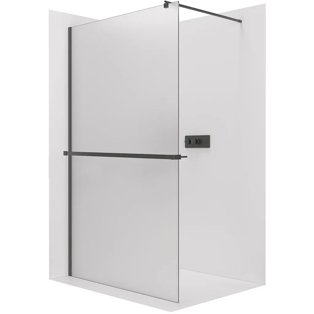 CERANO Sprchová zástěna Walk-in Onyx Round L/P 8 mm + polička/držák na ručníky kulatá vzpěra černá matná, mléčné sklo 80x200 CER-8050BD350