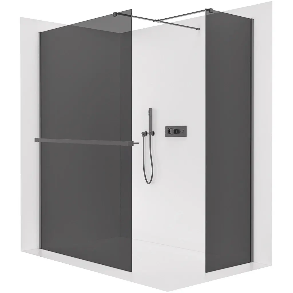 Sprchová zástěna Walk-in Onyx T L/P - 8 mm - hranatá vzpěra + polička/držák na ručníky - černá matná, grafitové sklo - 50x50x200 cm