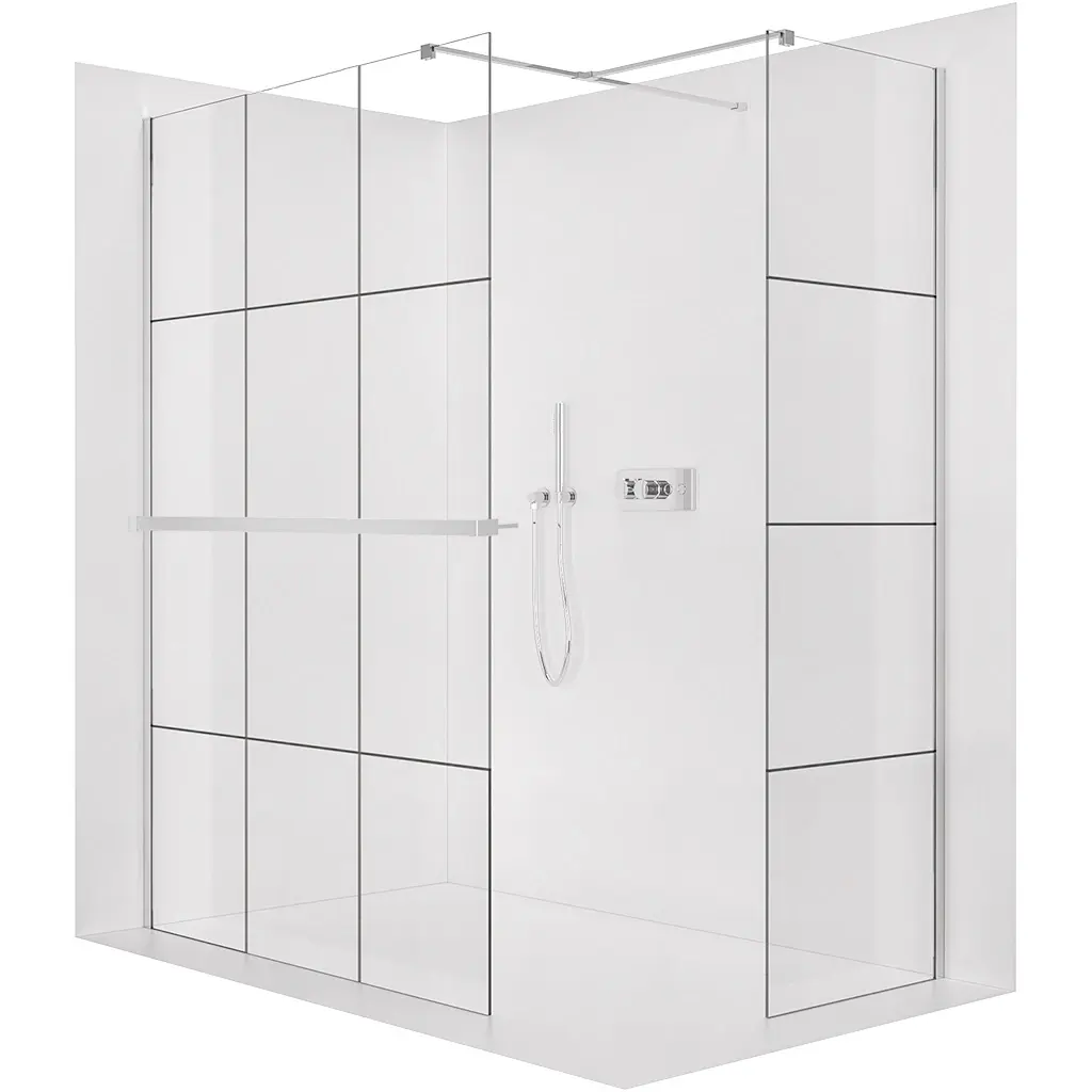 CERANO Sprchová zástěna Walk-in Onyx T L/P 8 mm hranatá vzpěra + polička/držák na ručníky chrom, industriální sklo 150x140x200 CER-8050BD4485