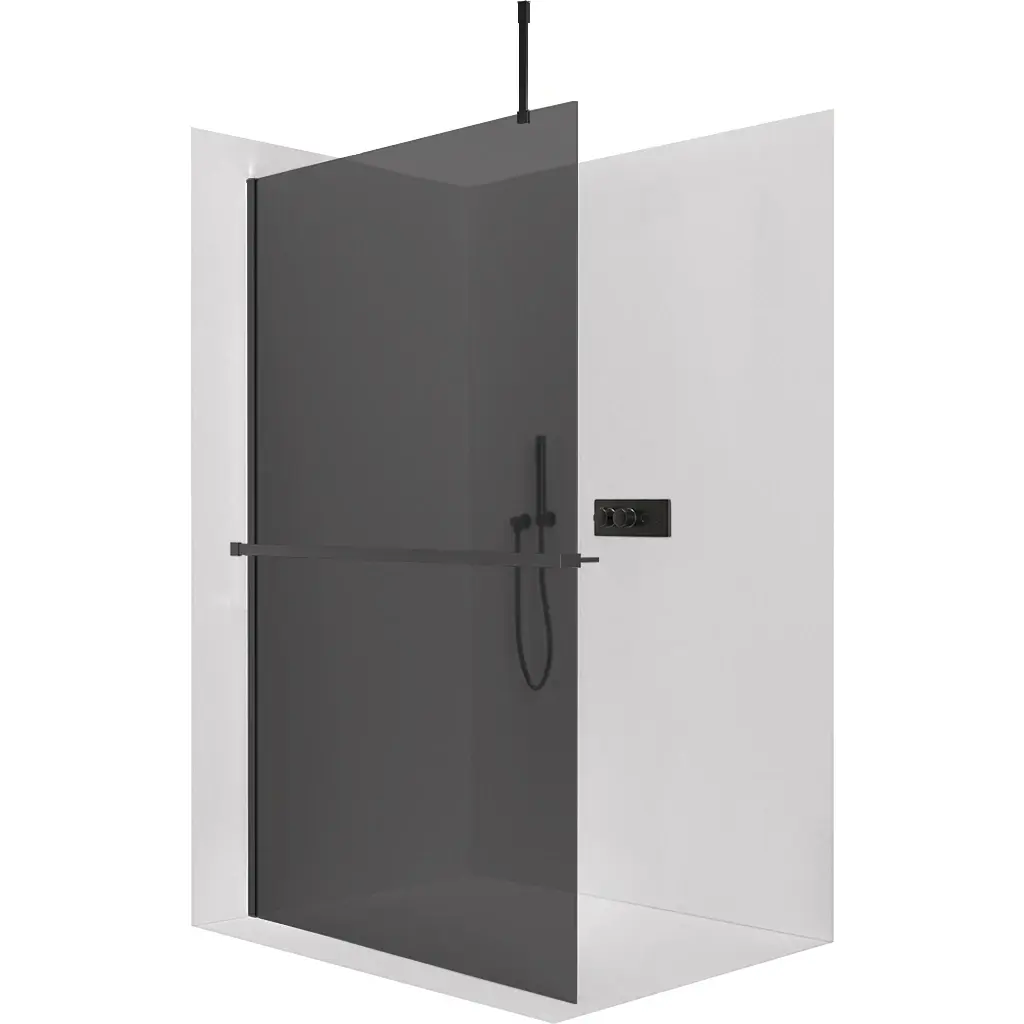 CERANO Sprchová zástěna Walk-in Onyx Top Cube L/P 8 mm hranatá vzpěra + polička/držák na ručníky černá matná, grafitové sklo 100x200 CER-8050BD7099