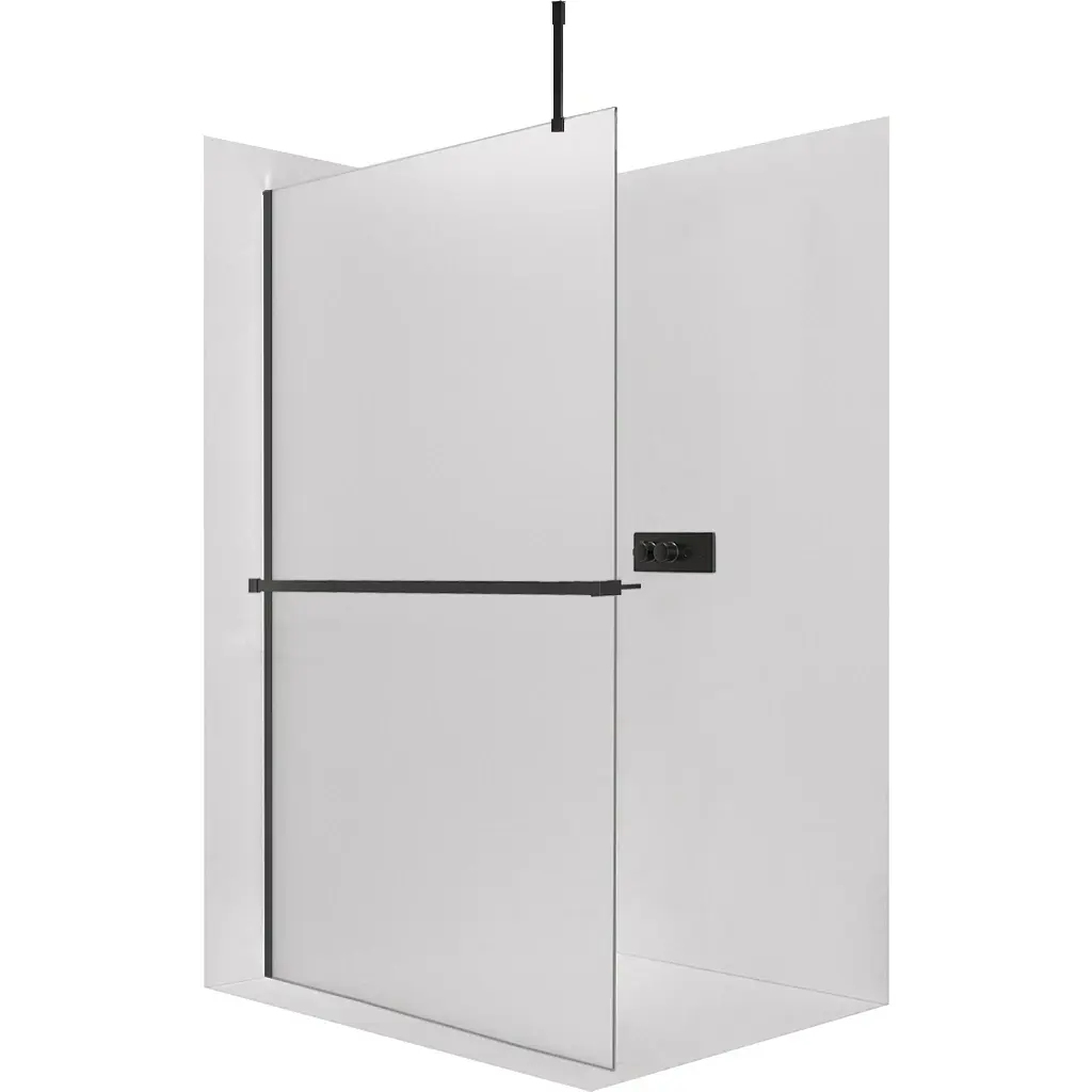 Sprchová zástěna Walk-in Onyx Top Cube L/P - 8 mm - hranatá vzpěra + polička/držák na ručníky - černá matná, mléčné sklo - 110x200 cm