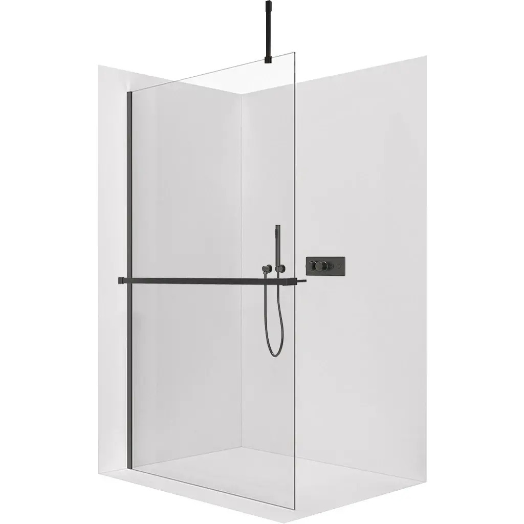 CERANO Sprchová zástěna Walk-in Onyx Top Cube L/P 8 mm hranatá vzpěra + polička/držák na ručníky černá matná, transparentní sklo 50x200 CER-8050BD7150
