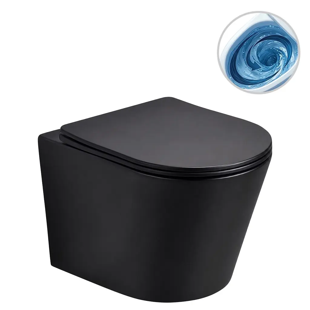 WC závěsné Hugo, Vortex - vírové splachování + Slim/SoftClose sedátko - černá matná - 53x36 cm