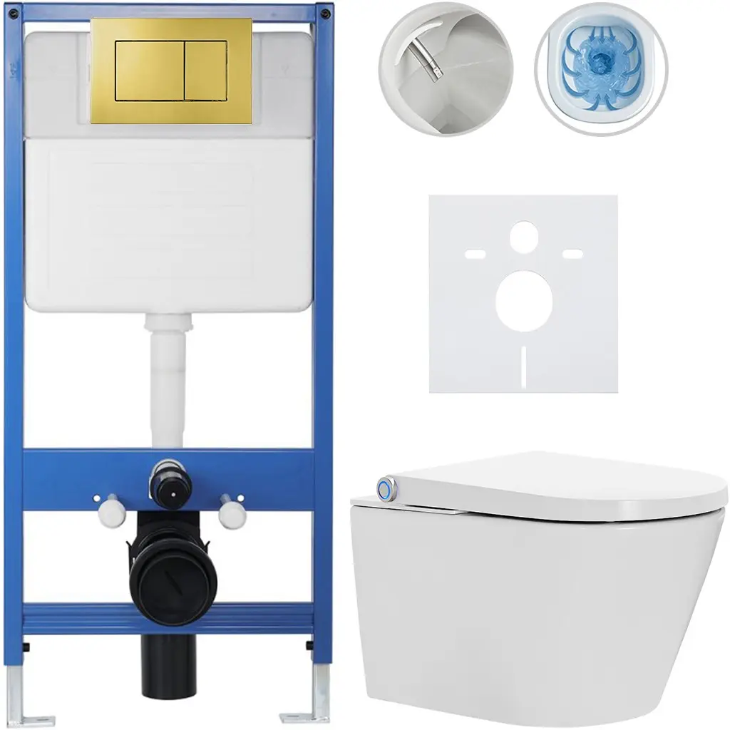 Kompletní WC set Profi/Cronus Standard - bílá lesklá - WC tlačítko Classic/Zlatá - předstěnová instalace - 59,3x38,4 cm
