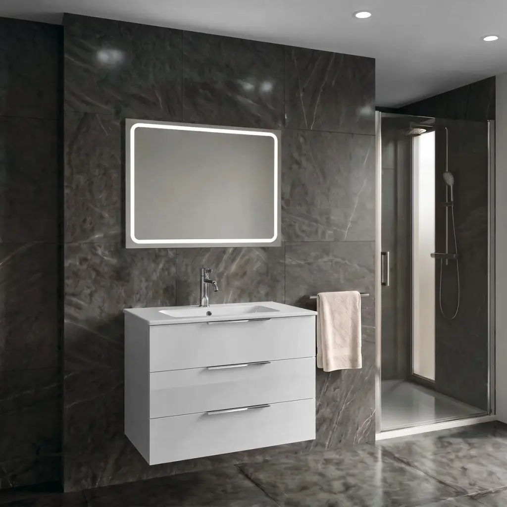 SAPHO SET koupelnová skříňka CIRASA 80cm s umyvadlem a LED zrcadlem, 3x zásuvka, bílá lesk KSET-107