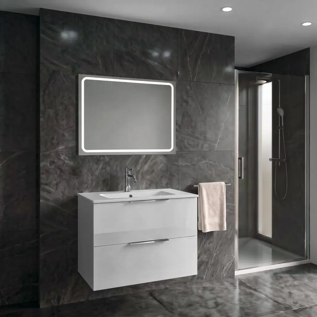 SAPHO SET koupelnová skříňka CIRASA 80cm s umyvadlem a LED zrcadlem, 2x zásuvka, bílá lesk KSET-106