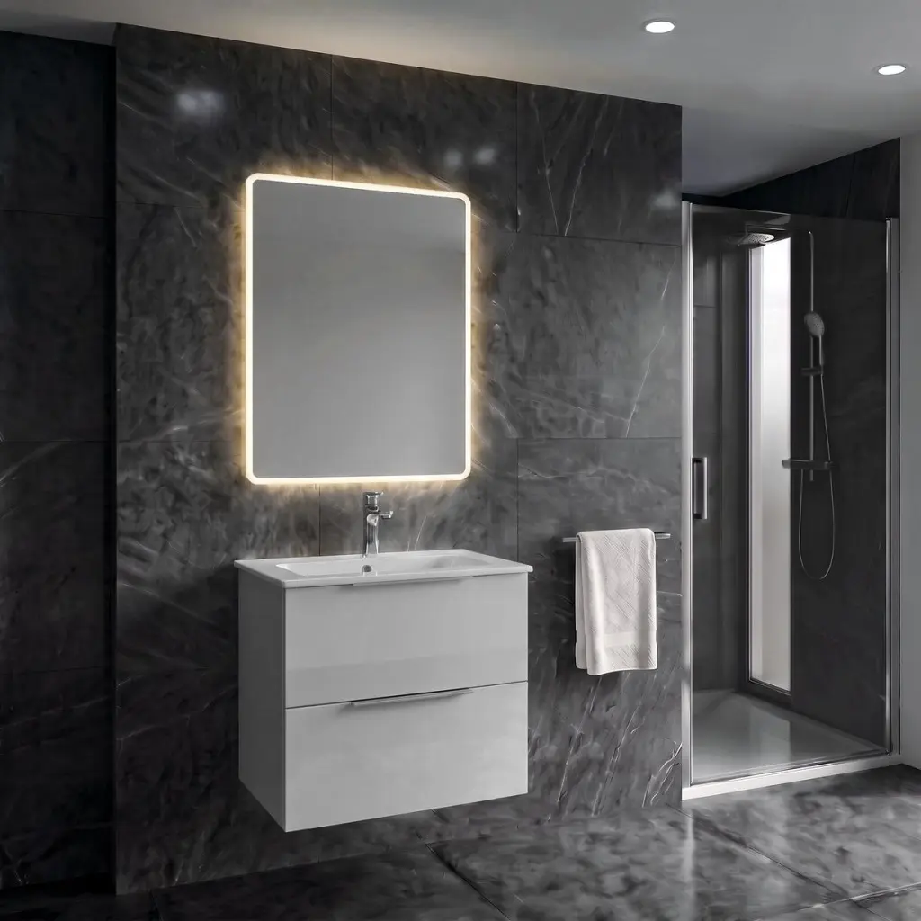 SAPHO SET koupelnová skříňka CIRASA 60cm s úzkým umyvadlem a LED zrcadlem, 2x zásuvka, bílá lesk KSET-112