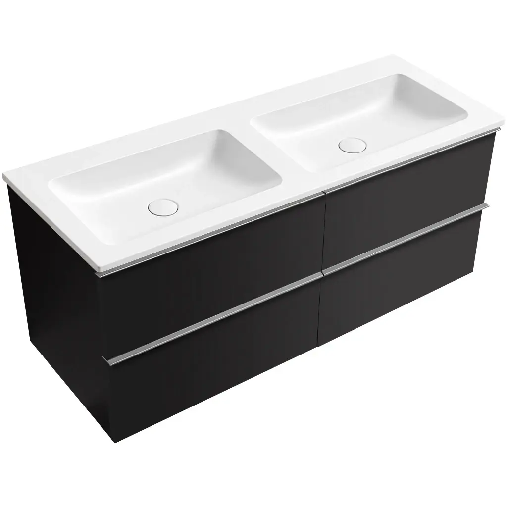 CERANO Koupelnová skříňka Velora černá matná, úchytka chrom + dvojumyvadlo z lit. mramoru Amati bílá matná 121x54,5x46,7 CER-656346