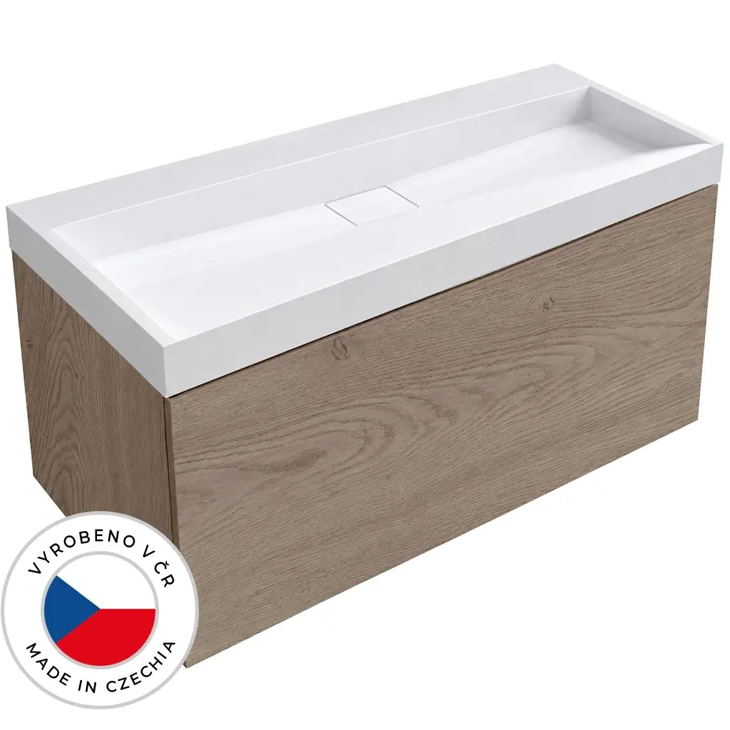 CERANO Koupelnová skříňka Adele dub Cannolo Cremona + umyvadlo z lit. mramoru Vita bílá lesklá 120x50x46 CER-898904