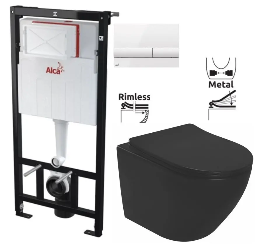 Předstěnový instalační systém s bílým tlačítkem M1710 + WC REA CARLO MINI RIMLESS ČIERNY MAT + SEDADLO AM101/1120 M1710 MM1