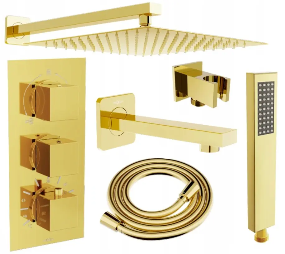 MEXEN/S Cube DR02 podomítkový vanový SET s vytokovou hubicí + slim sprcha 25, zlatý 77503DR0225-50