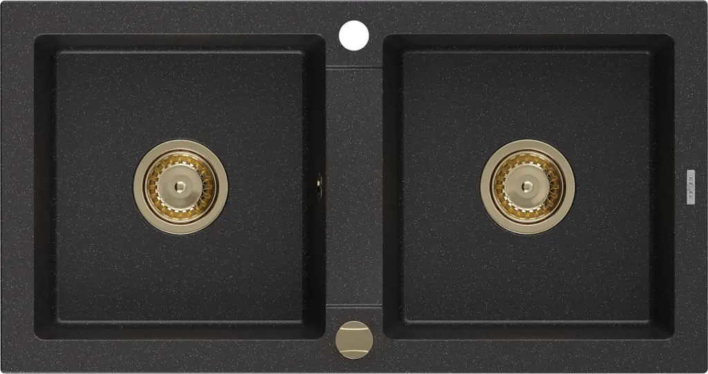 MEXEN/S Mario granitový dřez 2-bowl 820x436 mm, černý/stříbro metalik + zlatý sifon 6504822000-73-G