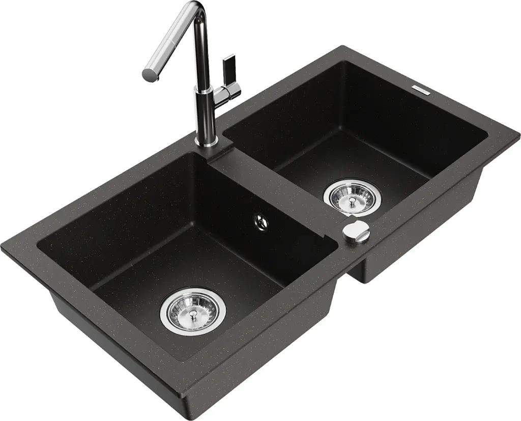 MEXEN/S Mario granitový dřez 2-bowl včetně baterie Flora, černá/zlatá metalik 6504-75-670401-00