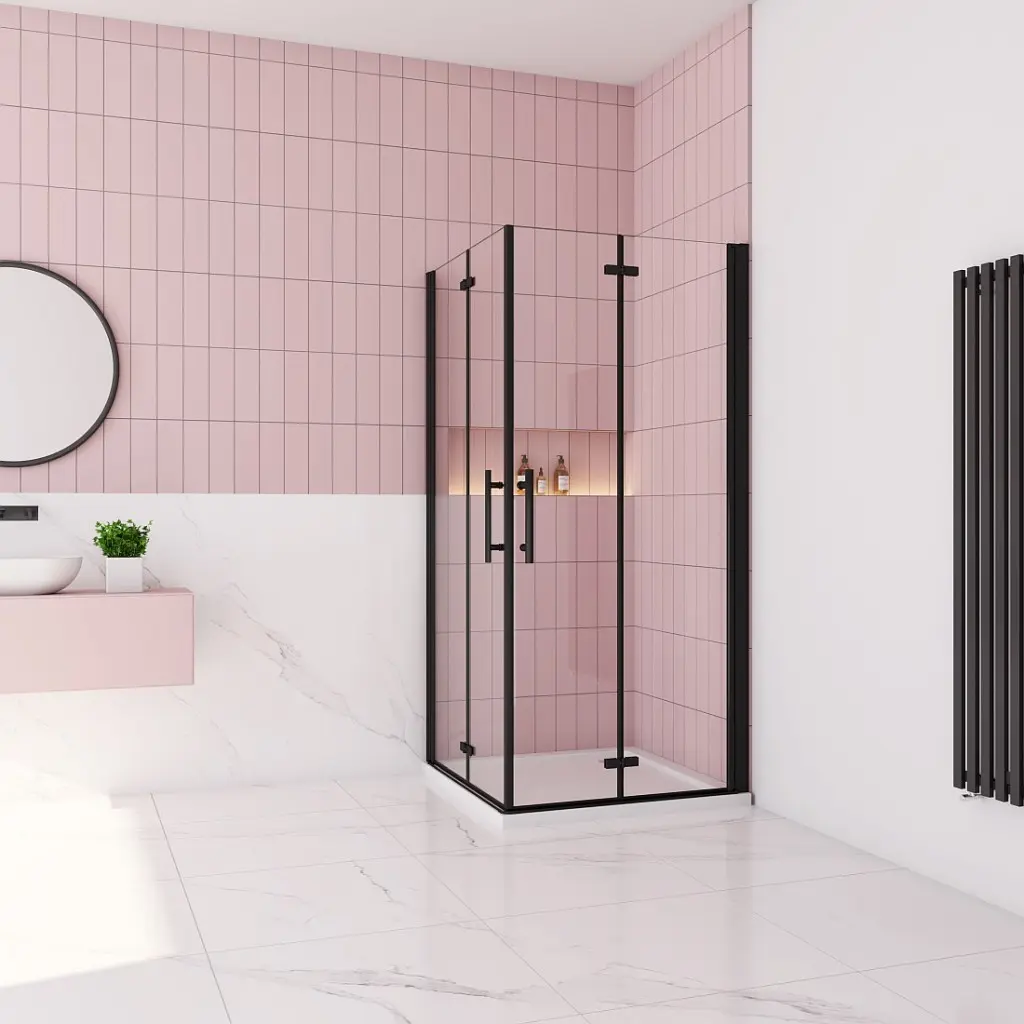 H K Sprchový kout MELODY BLACK R908, 90x80 se zalamovacími dveřmi vstup včetně sprchové vaničky z litého mramoru SE-MELODYBLACKR908/THOR-9080