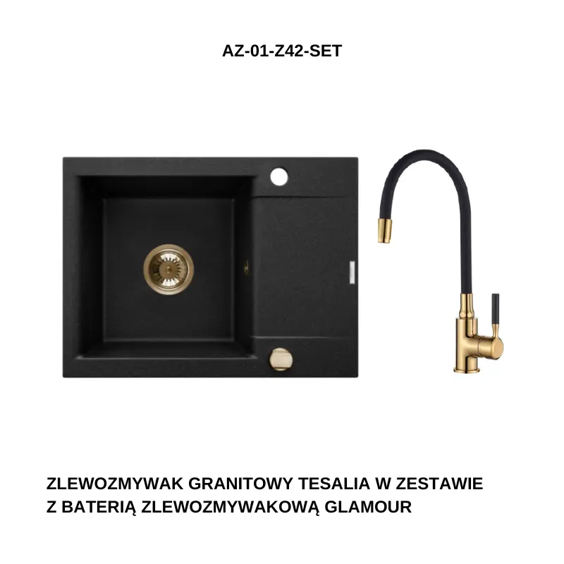 INVENA Granitový dřez TESALIA krátký odkap, černý s automatickým sifonem, zlatý +baterie GLAMOUR AZ-01-Z42-SET