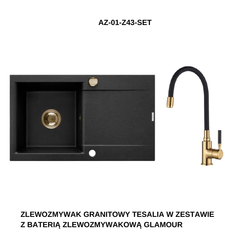 INVENA Granitový dřez TESALIA dlouhý odkap, černý s automatickým sifonem, zlatý + baterie GLAMOUR AZ-01-Z43-SET