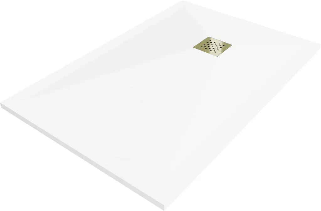 MEXEN/S Stone+ obdélníková sprchová vanička 90 x 70, bílá, mřížka zlatá 44107090-G