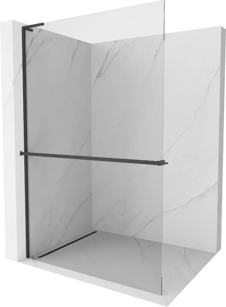 MEXEN/S Kioto+ L Sprchová zástěna WALK-IN s poličkou a držákem ručníků 50 x 200, transparent, černá 800-050-123-70-00