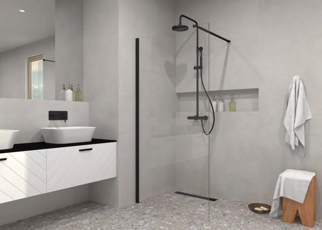 BESCO Walk-in sprchový kout ECO-N BLACK Barva rámu Černá, Pevná stěna Bez pevné stěny, Rozměr A 110, Rozměr C 195, Výplň Čiré bezpečnostní sklo 6 mm BCEXON110BC