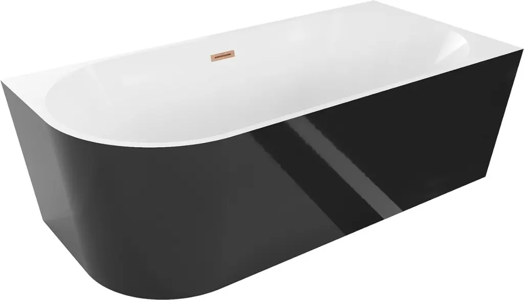 MEXEN/S Mia volně stojící rohová vana pravá 150 x 75, bílá/černá, sifon a přepad měď kartáčovaná 52691507575P-65