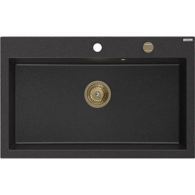 MEXEN/S Elix granitový dřez 1-miska 800 x 500 mm, černá/stříbrná metalik, sifon zlatá 6527801005-73-G