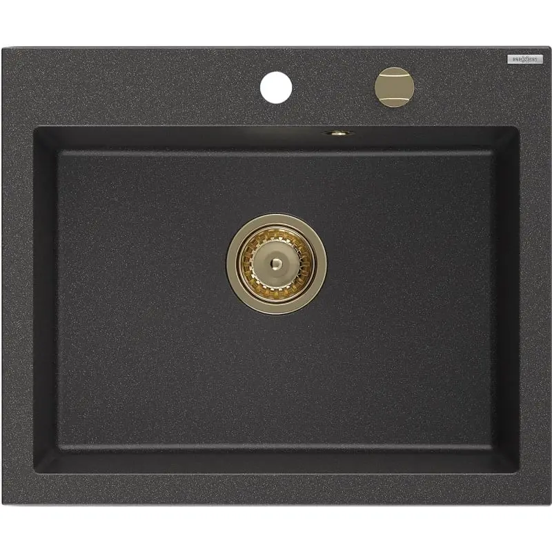MEXEN/S Elix granitový dřez 1-miska 600 x 500 mm, černá kropenatá, sifon zlatá 6525601005-76-G