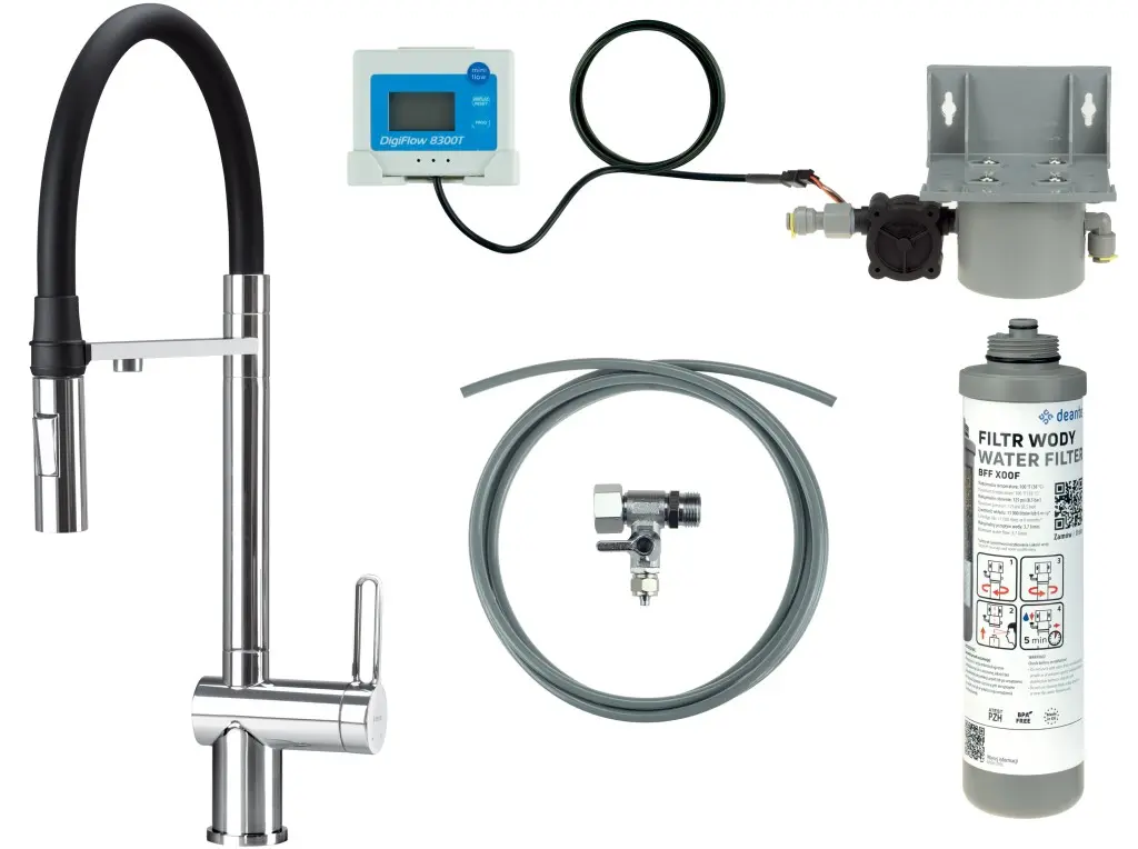 Deante Dřezová baterie Magnetic s flexibilním raménkem a sprškou v kompletu s filtrem vody - BRMF075M, chrom