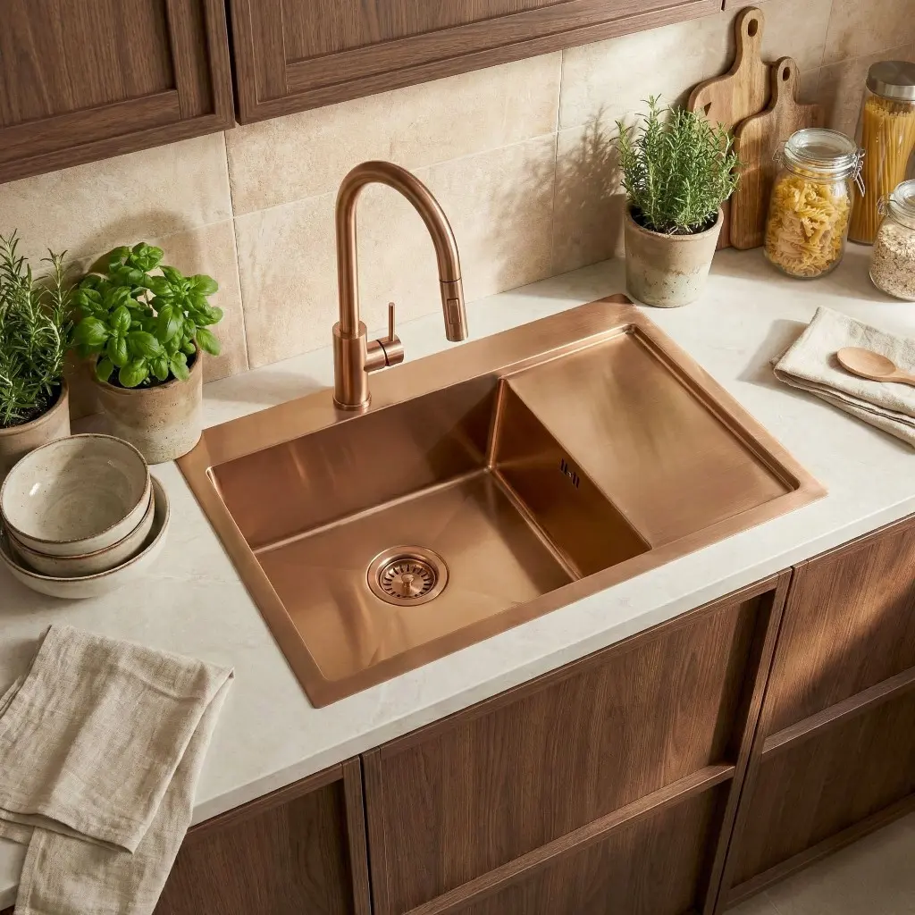 REA/S Ocelový dřez Fin BRUSH COPPER s kuchyňskou baterií KPL-06018