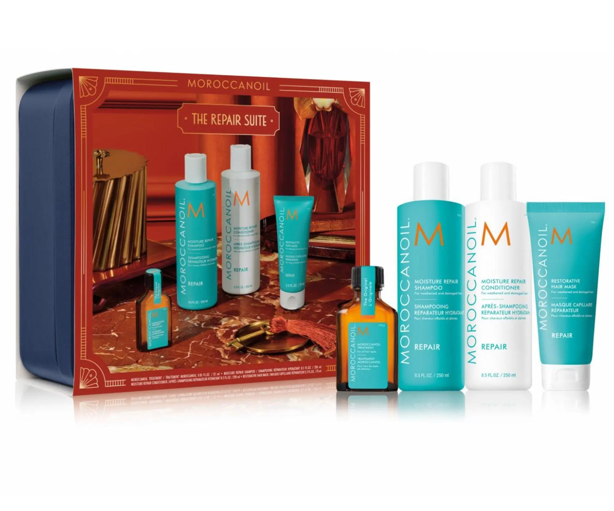 Dárková sada pro regeneraci poškozených vlasů Moroccanoil The Repair Suite + dárek zdarma