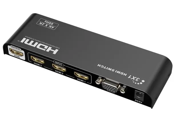 4Kx2K@60Hz HDMI switch 3:1 kovový s dálkovým ovladačem a napájecím adaptérem