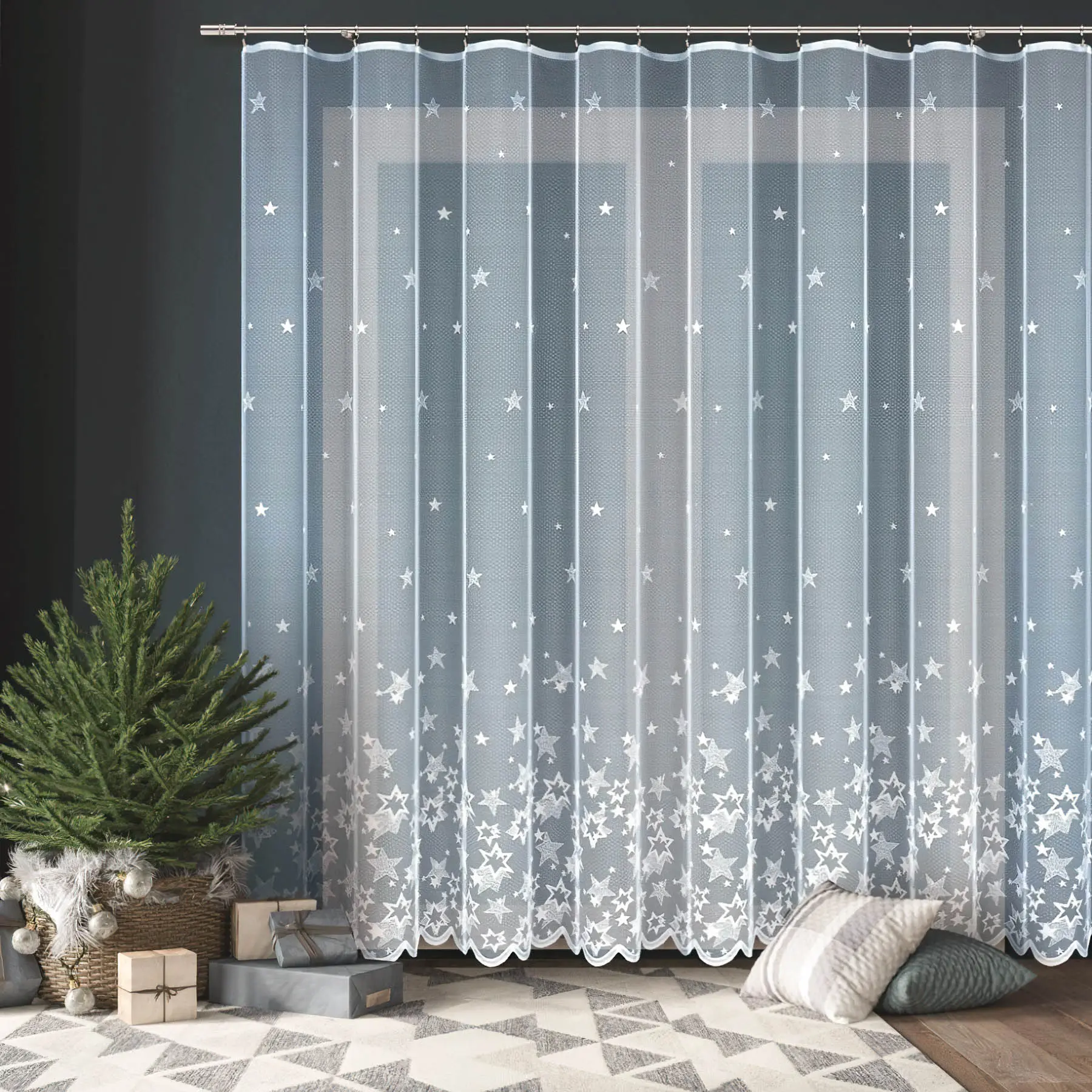 TextilCentrum kusová záclona HVĚZDY 12954, zimní, vánoční vzor, jednobarevná bílá, výška 250 cm x šířka 250 cm (na okno)